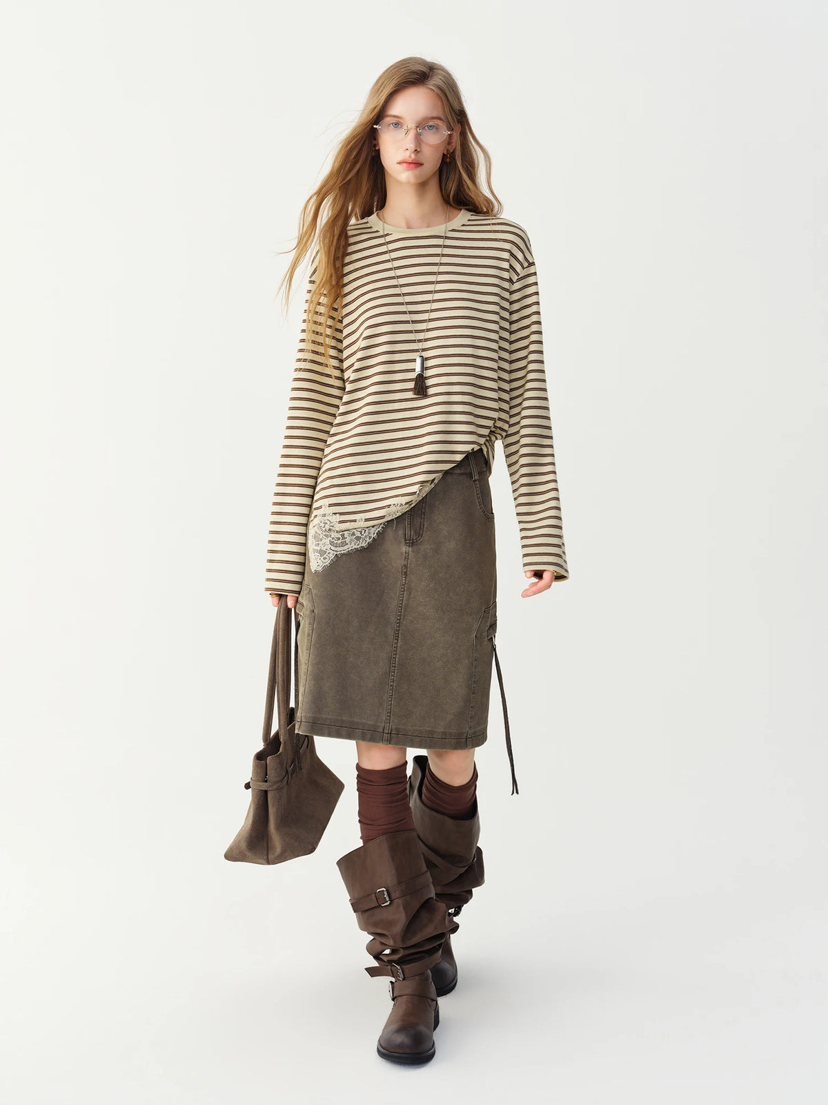 FSLE Yellow Striped Round Neck Drop Shoulder Lace Long Sleeve T-shirt for Women Winter 2026 New Retro Loose Top