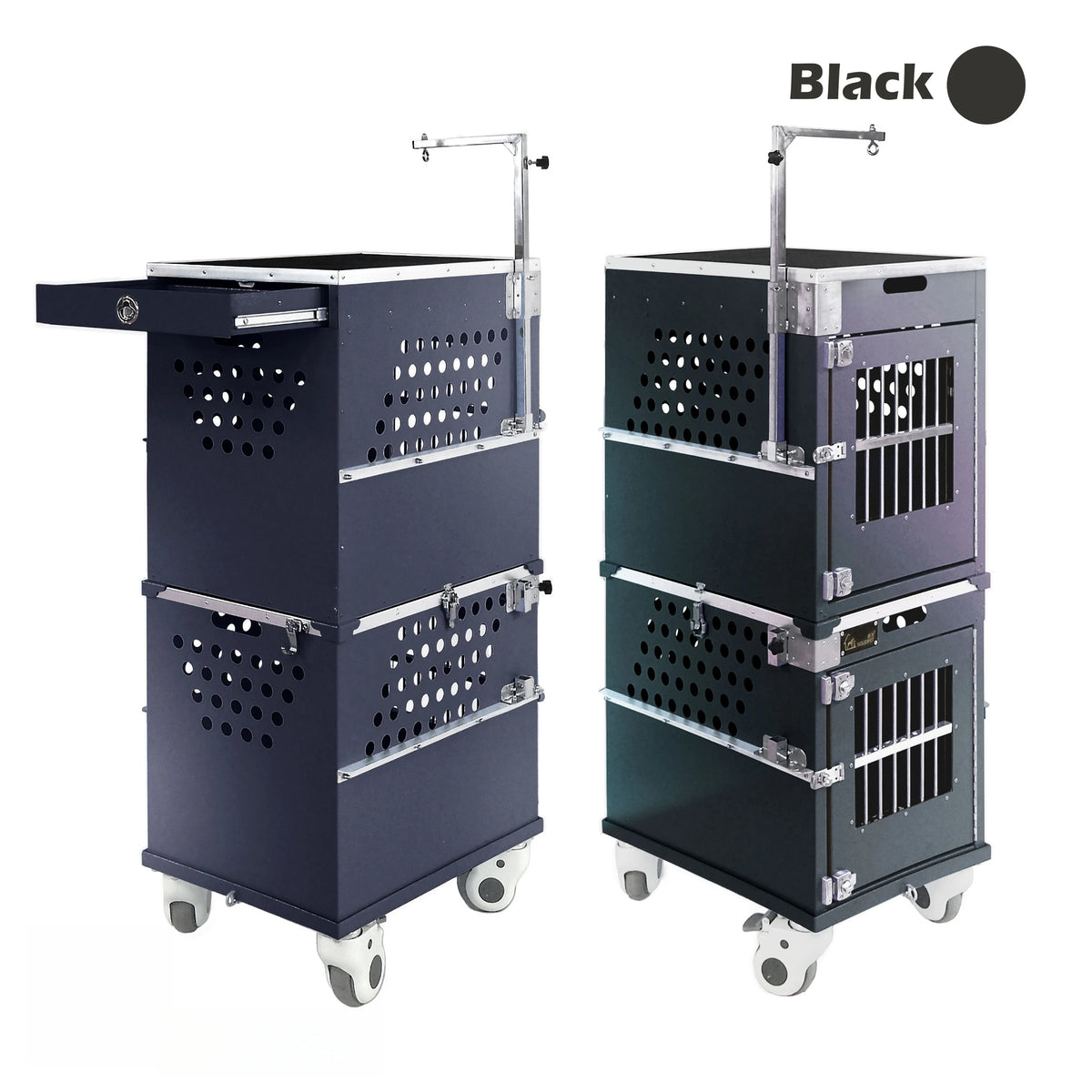 Stackable Lockable Aluminum Two Berth Double Decker Dog Show Cage Set Trolley Grooming Arm Drawer Button