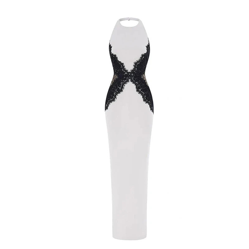 Elegant Lace Patchwork Luxury Party Dresses For Women Hollow Out Backless Slim High Split Maxi Dress Lady Holiday Evening Gowns