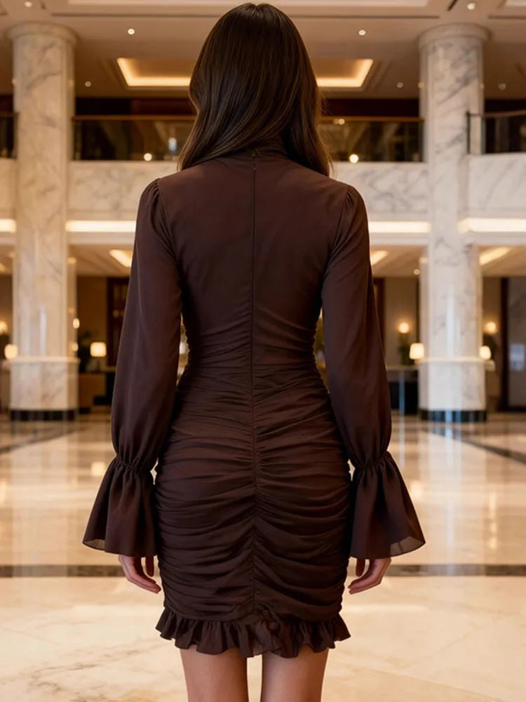 DEAT High Collar Long Sleeve Irregular Solid Ruffle Short Dress Perspective Mesh Slimming Club Dresses 2026 autumn women's new