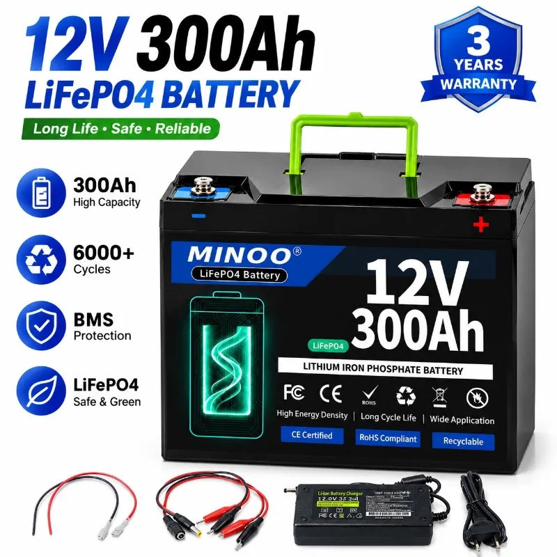 12V 300Ah Lithium LiFePO4 Deep Cycle Battery, 8000+ Cycles Rechargeable Battery for Solar/Wind Power,Small UPS,Lighting,and More