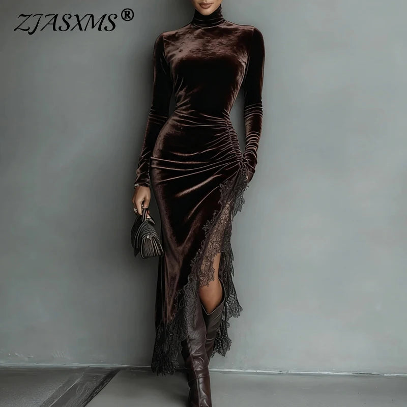 Velvet Patchwork Lace Slit Long Party Dress Woman Autumn Turtleneck Slim Pleated Boho Dress Winter Long Sleeve Hollow Maxi Dress