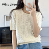 WinvyNee Summer Women‘s T-Shirt 100% Cotton Pullovers Sweaters Top Short Sleeve O neck Solid Knitwears Tops Spring A1002024