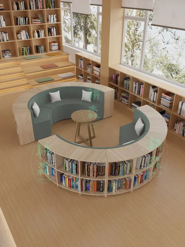 Creative S-shaped library bookcase integrated curved sofa picture book library school storage multi-functional rest area