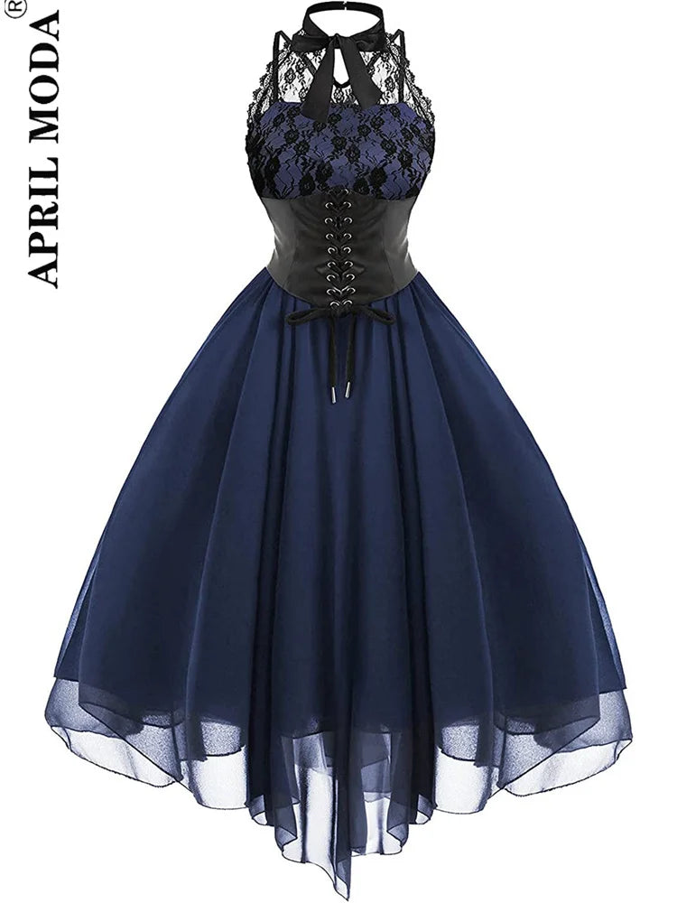 Irregular Hem Black High Waist Gothic Dresses Sleevesless Lace Chiffon Patchwork Aesthetic Goth Harajuku A-Line Dress for Women