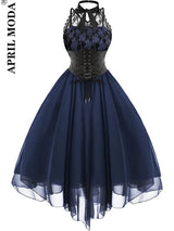 Irregular Hem Black High Waist Gothic Dresses Sleevesless Lace Chiffon Patchwork Aesthetic Goth Harajuku A-Line Dress for Women