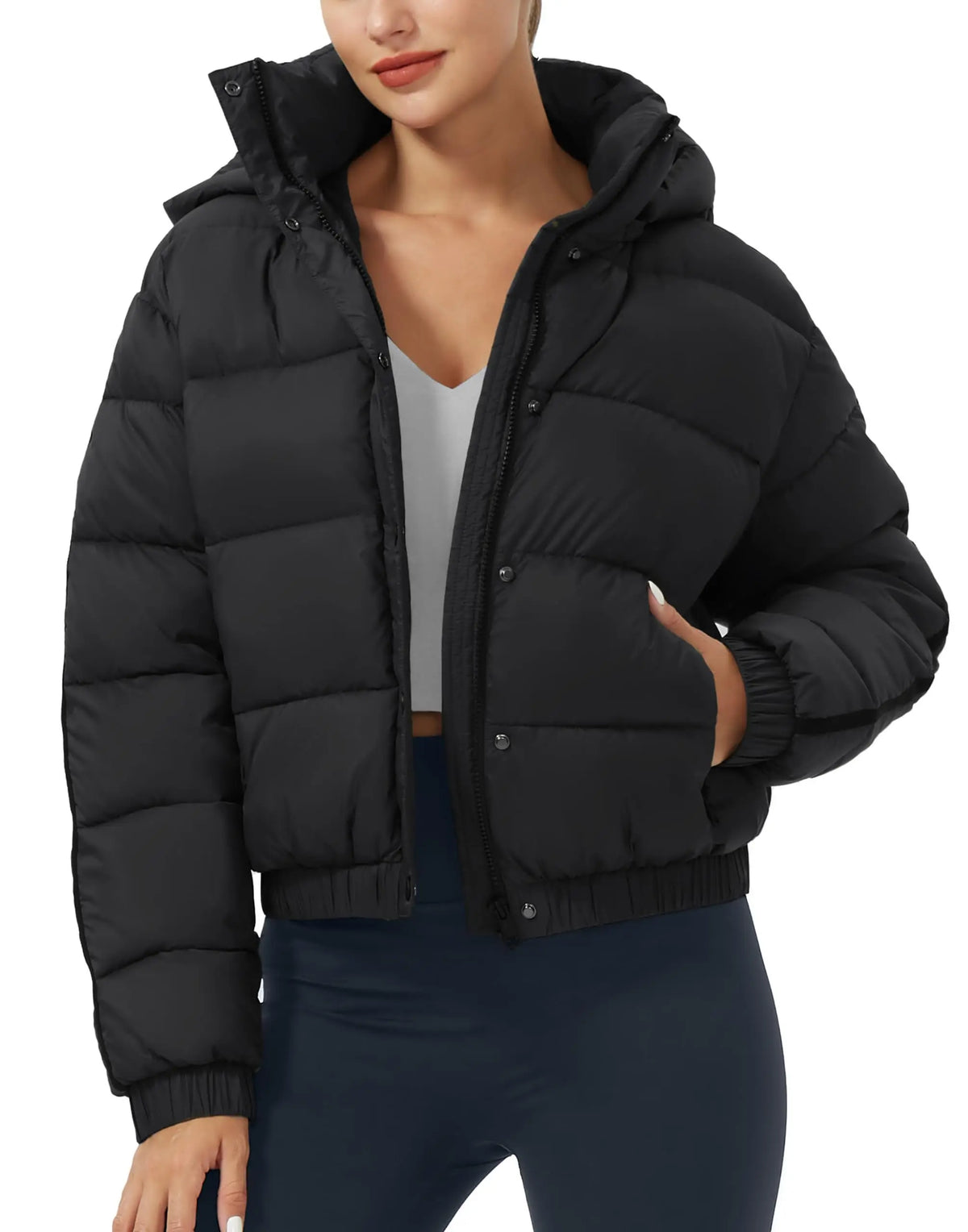 Pioneer Camp Women's Winter Cropped Puffer Jacket with Hood Waterproof Short Warm Quilted Jacket Puffy Bubble Coat Outerwear