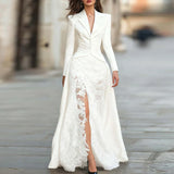 Casual Long Sleve Solid Slim Party Dress Winter Elegant Lace Patchwork Maxi Dresses Autumn Sexy V-neck Button Formal Long Dress