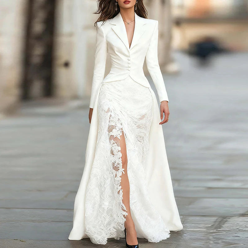 Casual Long Sleve Solid Slim Party Dress Winter Elegant Lace Patchwork Maxi Dresses Autumn Sexy V-neck Button Formal Long Dress