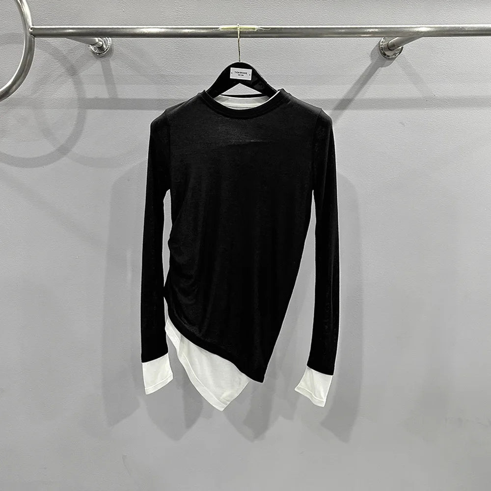 TIFICEY Women's Spring/Summer New Minimalist Design Black and White Fake Two-piece Long Sleeved T-shirt Knit Base Tops