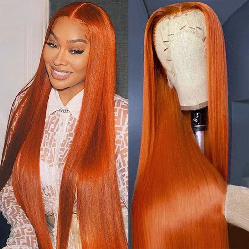 30 Inch Straight Orange Ginger Lace Front Wigs Human Hair 350 Colored