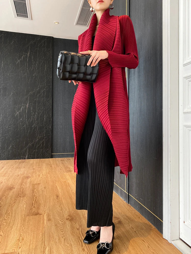 Miyake Pleated Women's Long Jacket 2025 Winter Turn-down Collar Pen Stitch Long Sleeve Windbreaker Loose Oversize Cardigan Coats