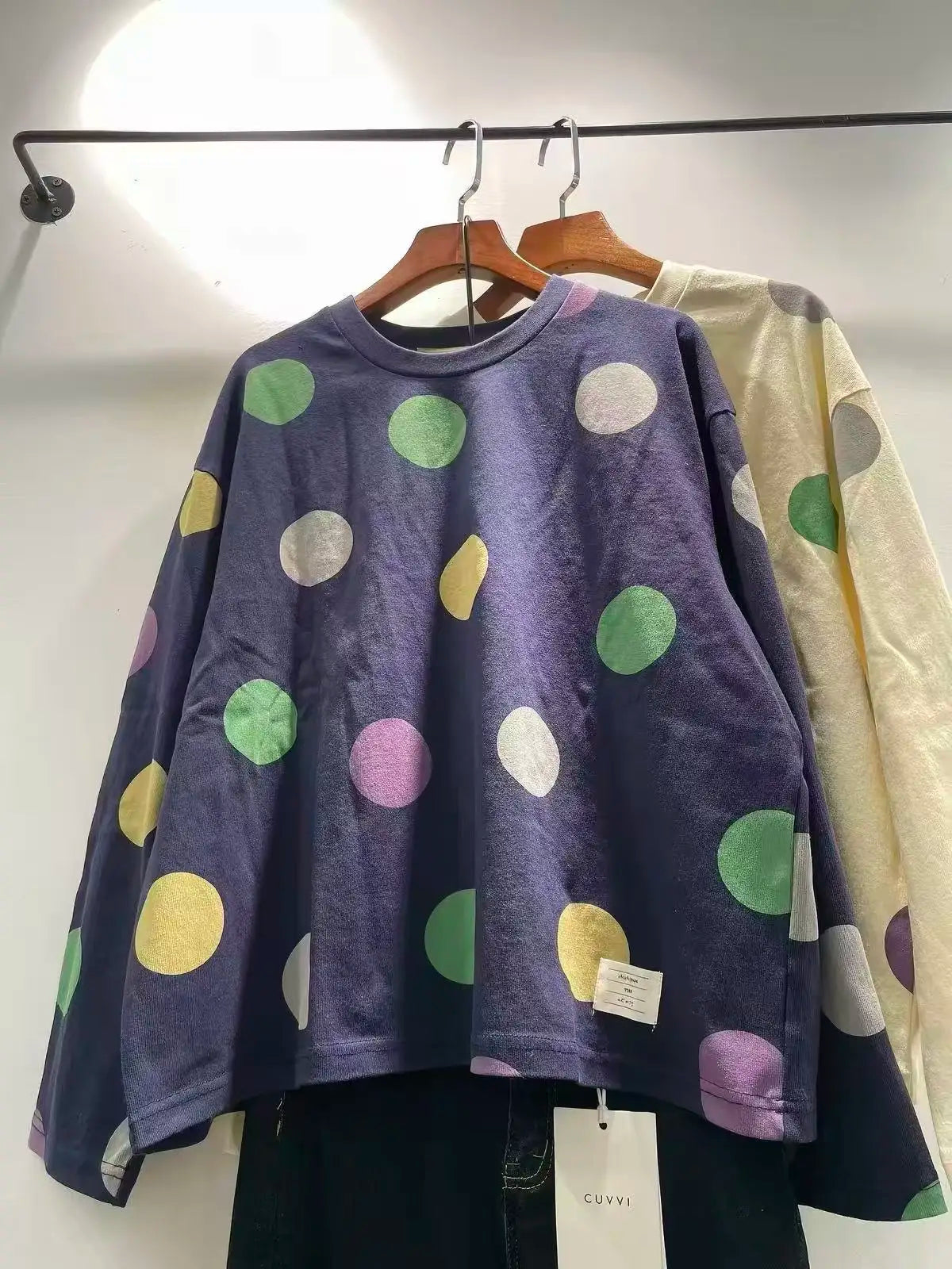 Women's 100% Cotton Colorful Polka Dot Long Sleeve T-Shirt Japanese Style Crew Neck Loose Fit Casual Tee with Printed Big Dots