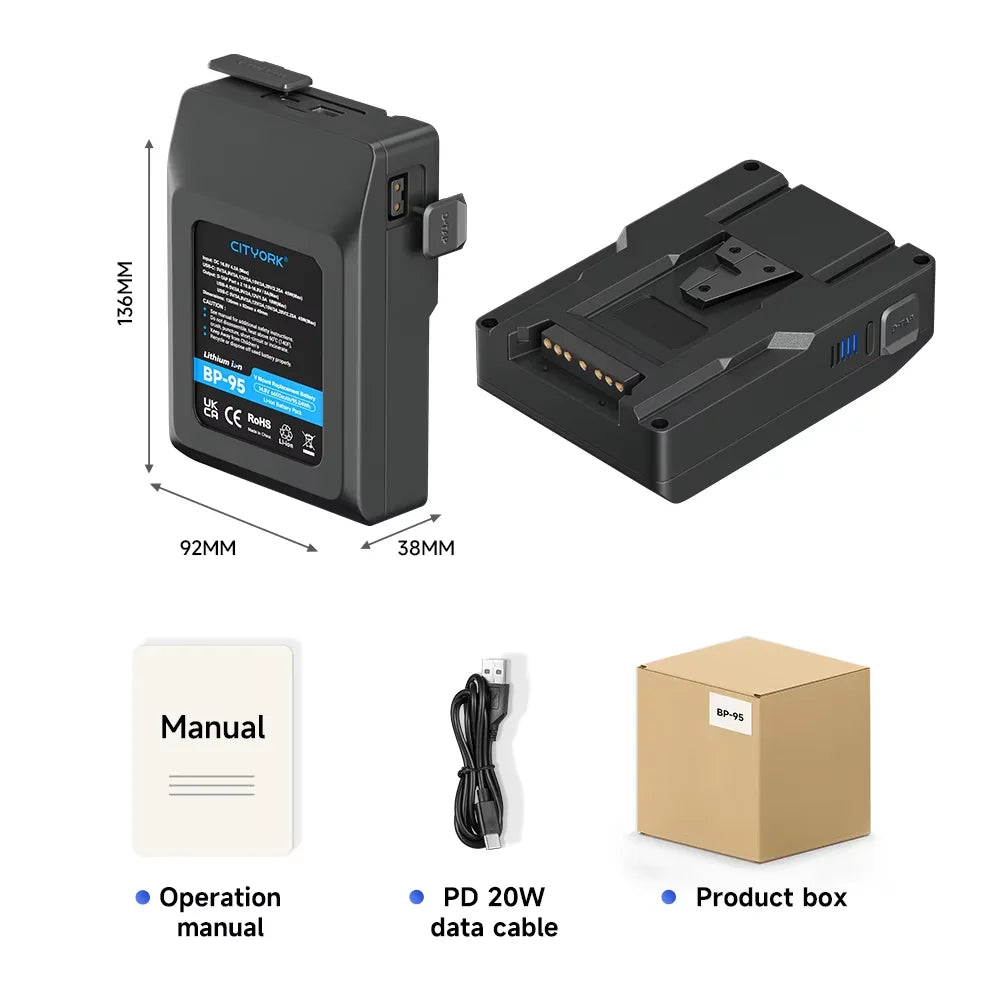V Mount Battery V Lock BP-229 BP Portable Bateria with PD 65W Fast Charge Port for Sony Camcorder Camera Video Light Blackmagic