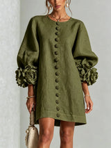 Women Linen Mini Dress O Neck Puff Long Sleeve 3D Flower Cuff Decor Flower Button Loose Casual Short Dresses for Party Vacation