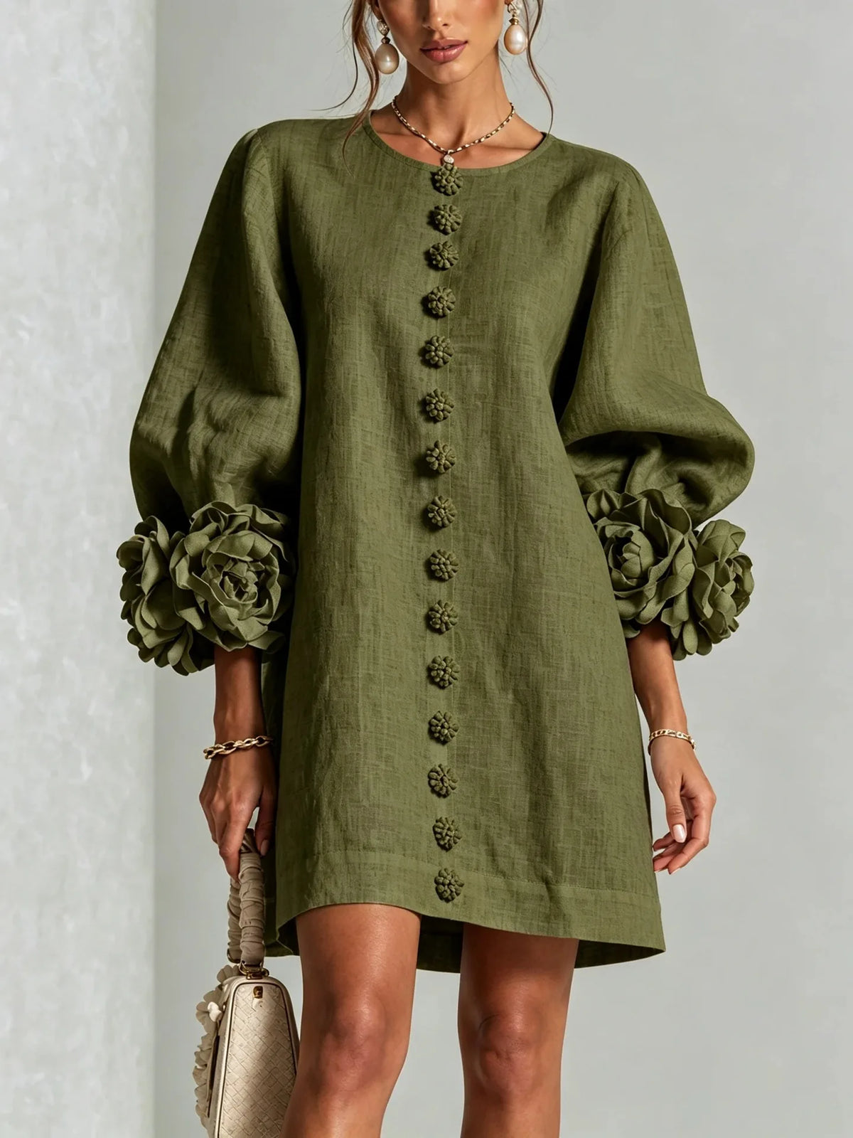 Women Linen Mini Dress O Neck Puff Long Sleeve 3D Flower Cuff Decor Flower Button Loose Casual Short Dresses for Party Vacation