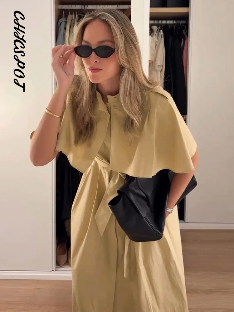 Lapel Cape Sleeve Lace Up Long Sleeve Women Elegant Epaulet Oversized Waist Cinching Pleated Shirt Dresses Chic Ladies Partywear