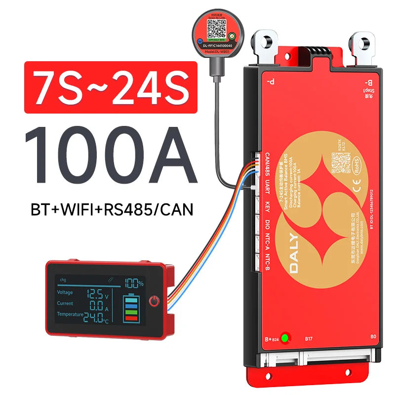 Daly Smart BMS 4S 7S 8S 24S 16S 17S 4S 40A 60A 100A 150A 1A Active Balance BMS for lifepo4 with wifi 4.3 LCD Built-in bt Li-Ion