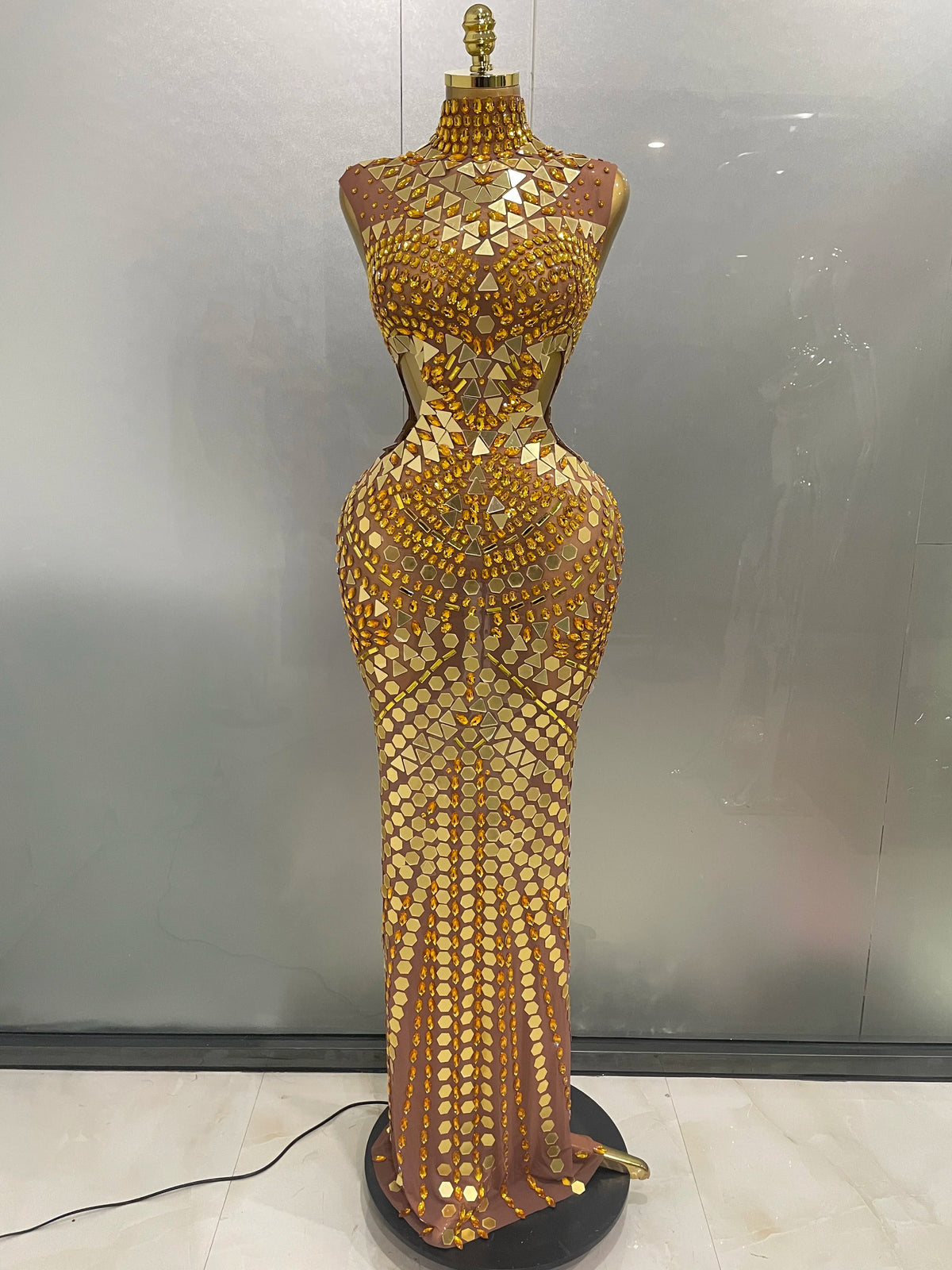 Luxury Shiny Mirror Rhinestones Hollowed-out Long Dress 2026Women Celebrity Evening Party Catwalk Prom Stage Photo Shoot Dresses