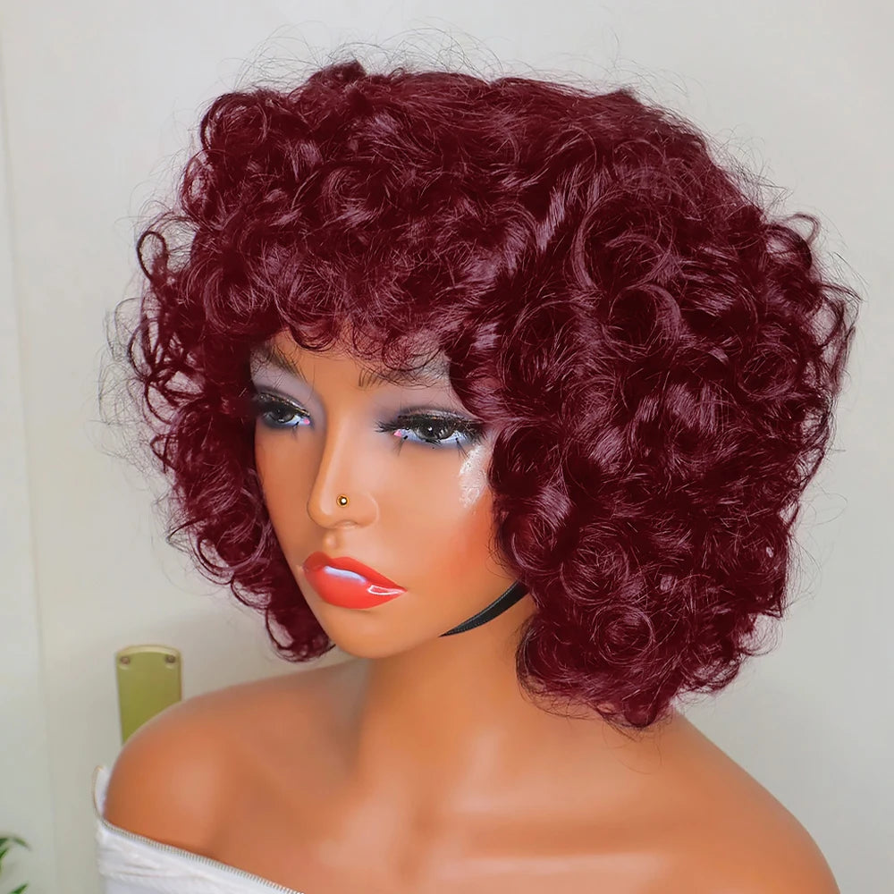 Big Curly Bob Wigs with Bangs Short Rose Curly Brazilian Virgin Human Hair Wig For Women Glueless Bouncy Curly Human Hair Wigs