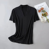 Summer Mulberry Silk Seamless T-shirt Women Double Layered V-neck Short Sleeve Soft Tops