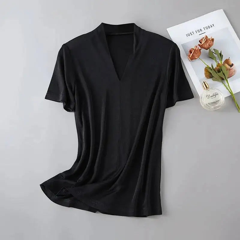 Summer Mulberry Silk Seamless T-shirt Women Double Layered V-neck Short Sleeve Soft Tops