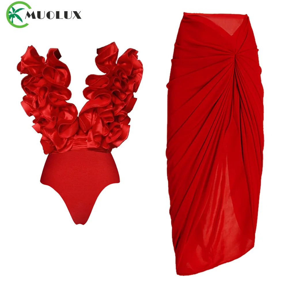 MUOLUX 2024 Sexy Red One Piece Shoulder Swimsuit 3D Flower Print Vintage Monokini Bodysuit Women's Beach Bathing Suit with Skirt