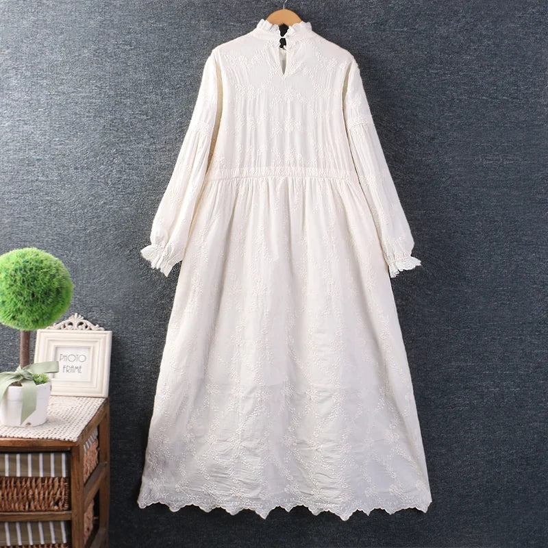 Spring New Women Japanese Small Fresh Lace Collar Embroidery Solid Color Dress