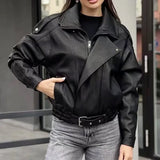 French-style women's fashion leather jacket, versatile litchi-textured vintage loose leather coat