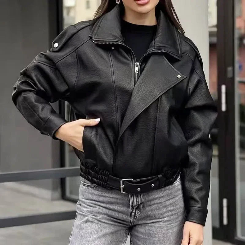 French-style women's fashion leather jacket, versatile litchi-textured vintage loose leather coat