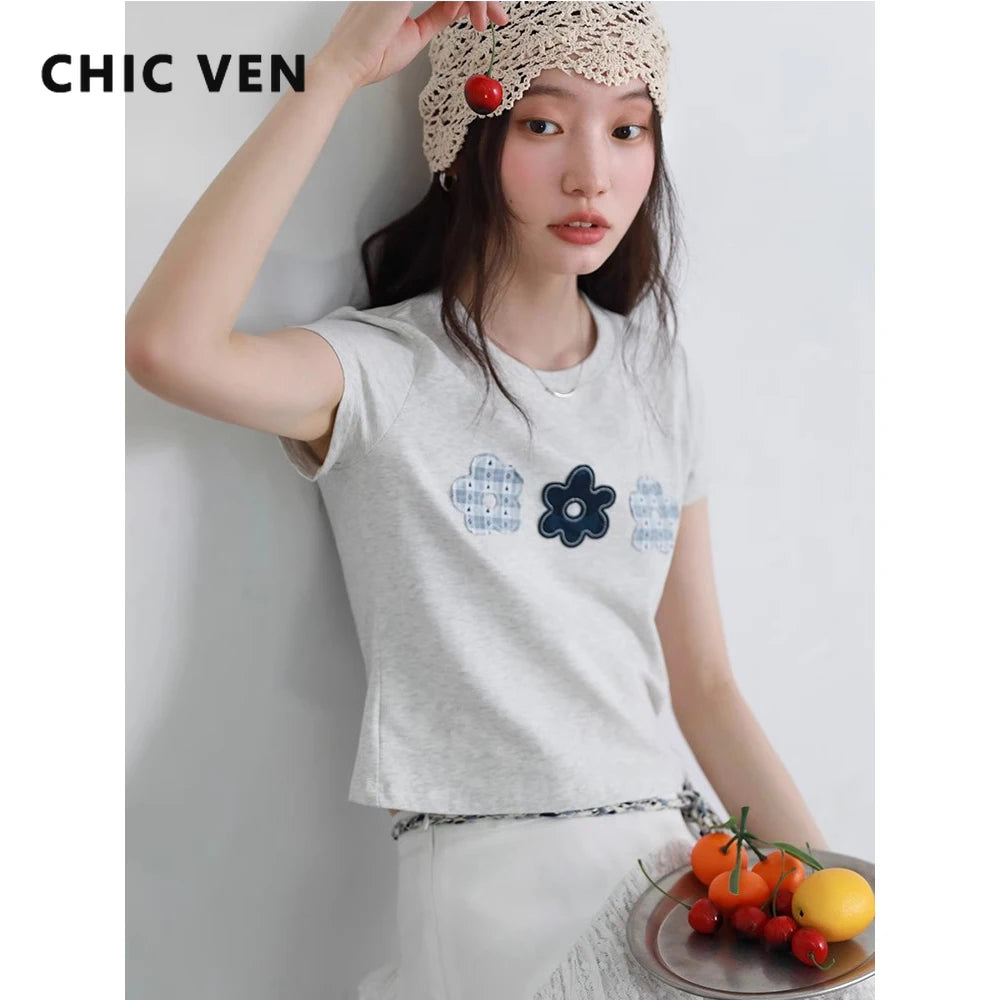 CHIC VEN Fashion Women T-Shirts Slim New Round Neck Short Sleeved Female Tees Short Top Summer 2025