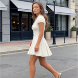White Polka Dot Slim Women Summer Dress Solid Deep V-neck Puff Sleeves Pleated Front Button Short Dresses 2026 Lady Daily Wear