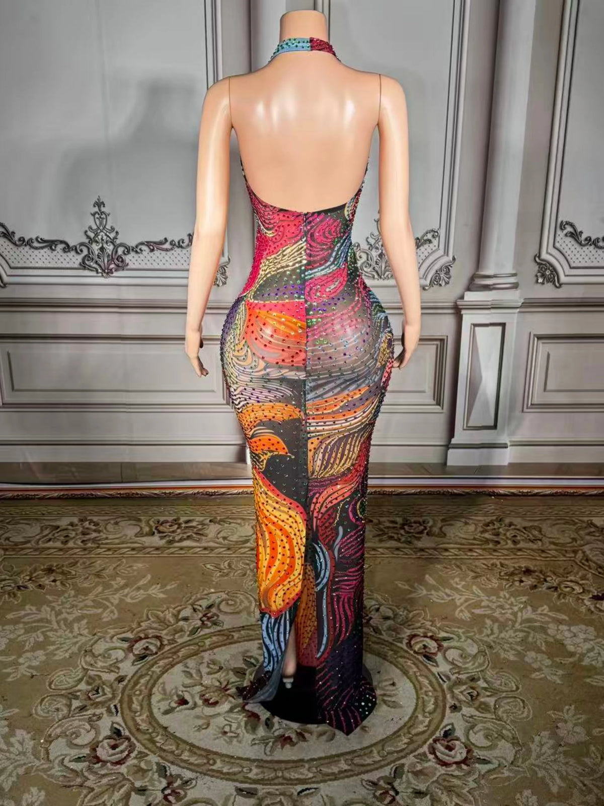 Sexy Luxury Sparkly Rhinestones Long Dress Women Mesh Party Celebrate Birthday Gown Photo Shoot Wear Performance Stage Costume