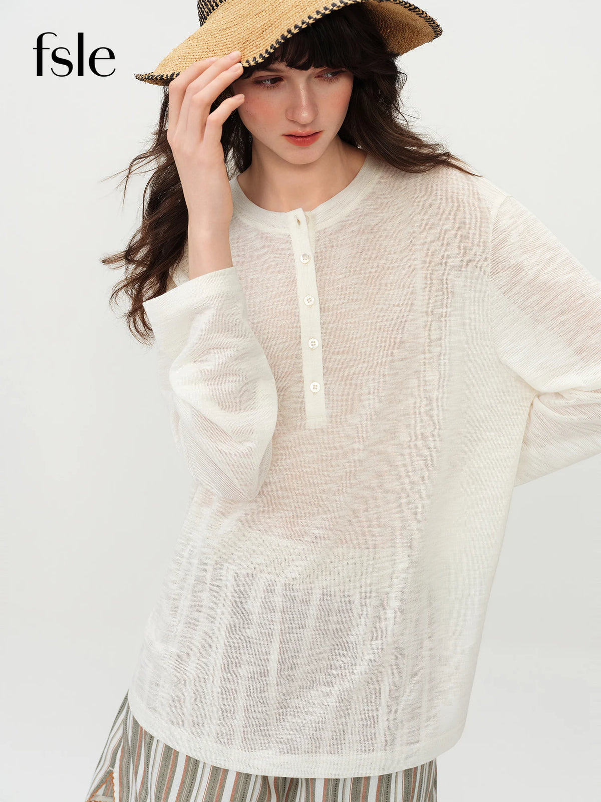 FSLE 2026 Summer Women's Lightweight Long Sleeve T-Shirt with Half Open Round Neck - Casual Cover-Up Top for Daily Outings
