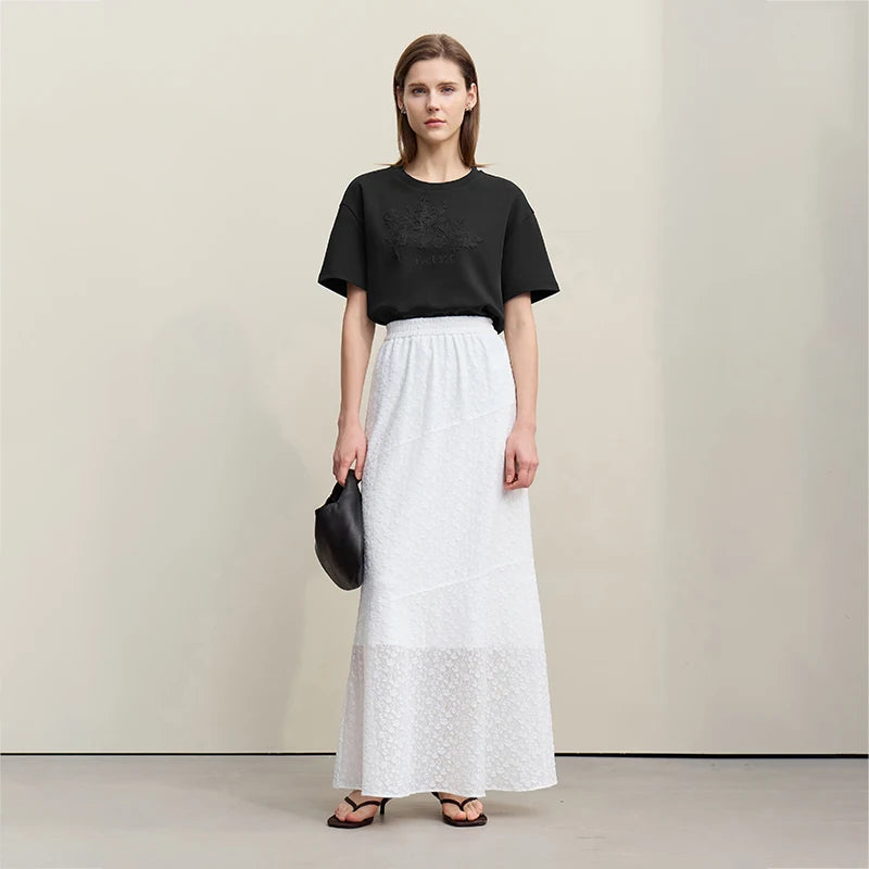 Amii Women's T-Shirt 2026 Summer New Round Neck Drop Shoulder Cotton Tee Lace Embroidered Woman Loose Fit Knit Tops 12622048