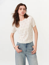 FSLE 2026 Summer Women's Textured Cut-out Round Neck Short Sleeve Knit Top Soft Lightweight Breathable Blouse Elegant Style