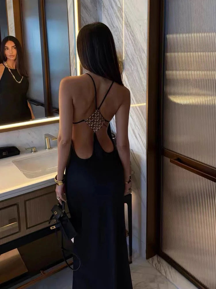 Sexy Backless Satin Dress Women Fashion O-neck Sleeveless High Waist Slim Maxi Dresses 2026 Summer Lady Beach Vacation Robe
