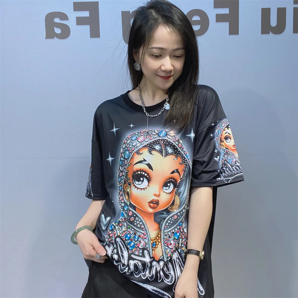 Oversized Short Sleeve Tees for Women Summer Clothing Cartoon Girl Printed Rhinestones Casual Loose O Neck T-Shirts Knitwear