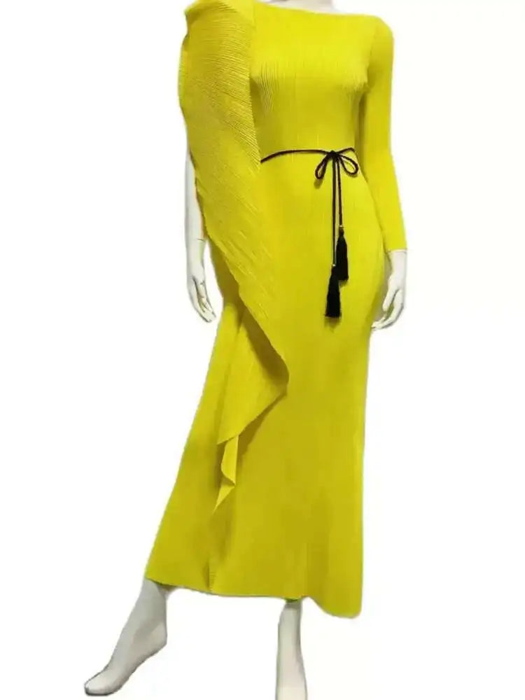 LANMREM Irregular Ruffled Pleated Maxi Dress Women Solid Color Round Neck Women's Elegant Festival Clothing 2024 Summer 2DA1460
