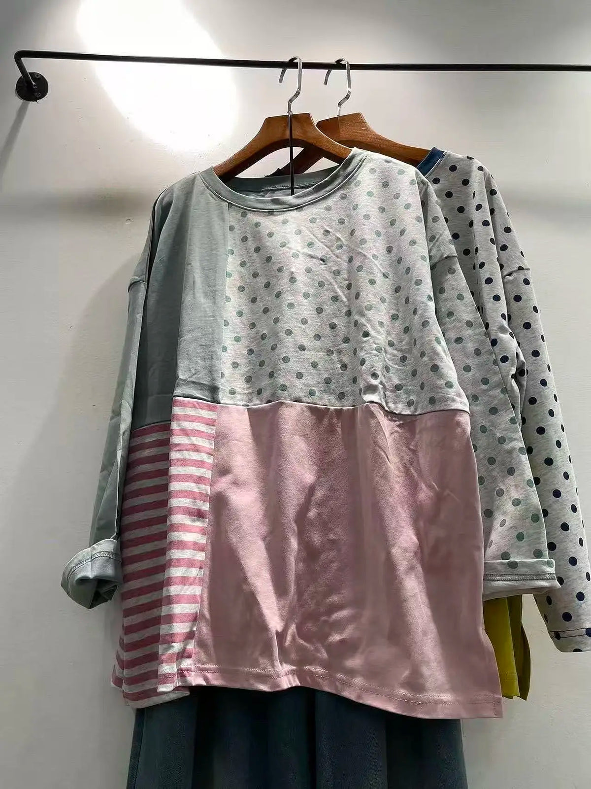 Bust 126cm Pure Cotton Patchwork Polka Dot Striped Tee Women Loose Japanese Style Original Mori Girl Long Sleeve Top