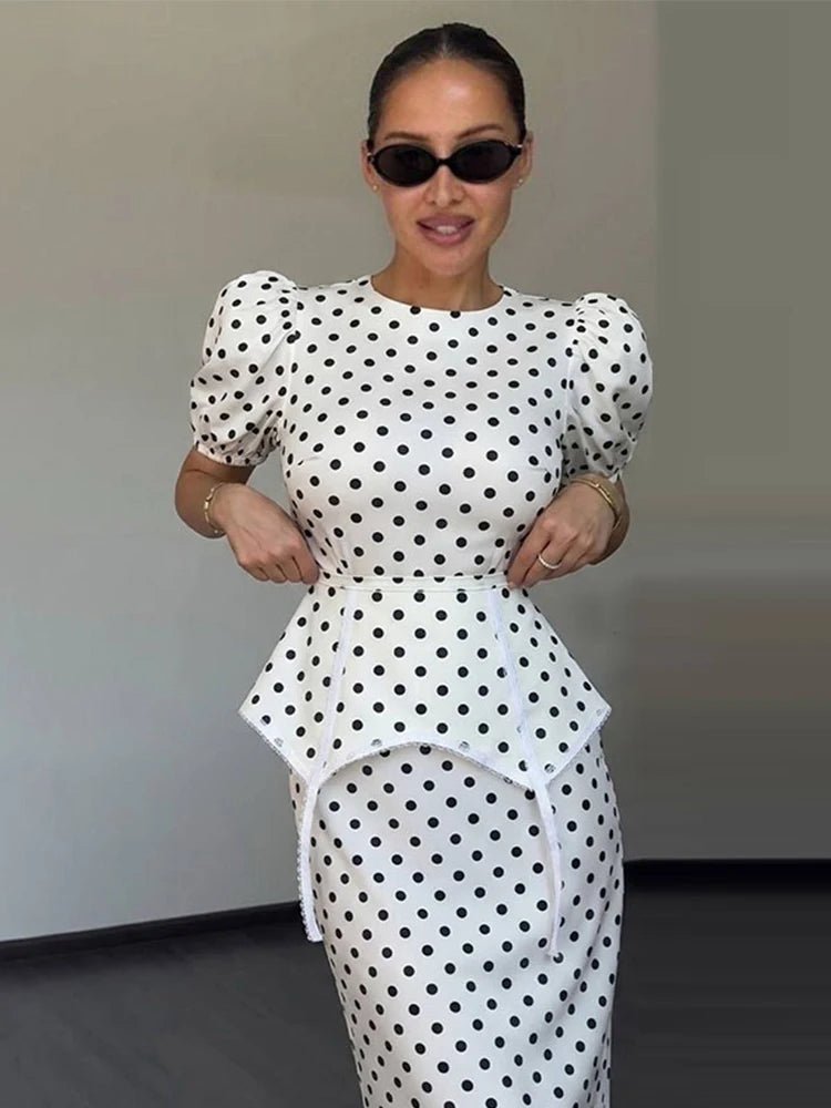 Women Polka Dot Print Puff Sleeve Dress With Waistband Fashion Satin Ruffled Hem Maxi Dresses Lady 2026 Elegant Retro Party Robe