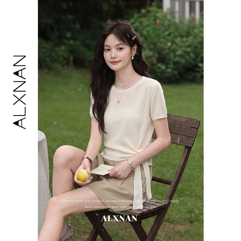 ALXNAN Women Red T-shirt Summer Elegant Ruffled Crew Neck Short Sleeve T-shirt Hem Tie Sash Design Casual Loose-fit Tops L65892A