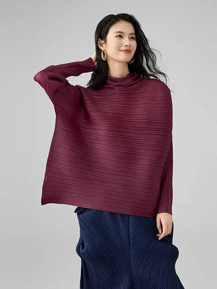 LANMREM 2026 New Maroon Pleated Women's T-shirt Casual Style Long Sleeved A-line Scarf Collar Chic Loose Pullover Tops 2DB2827