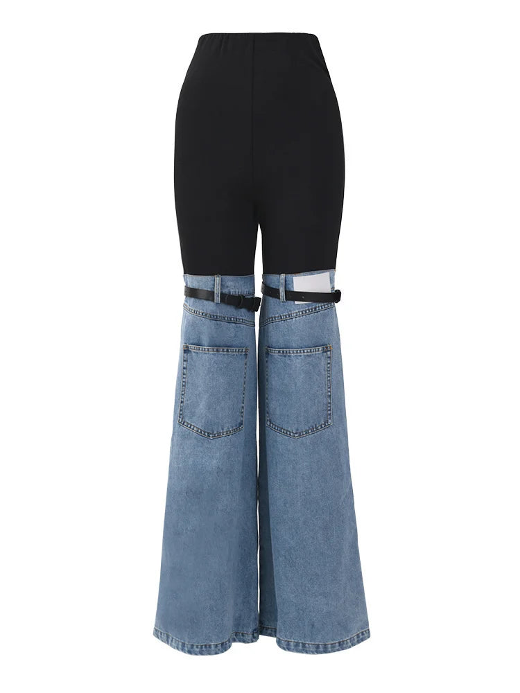 [EAM] High Waist Blue Color-block Denim Long Wide Leg Jeans New Loose Women Trousers Fashion Tide Spring Autumn 2026 17A2013H01