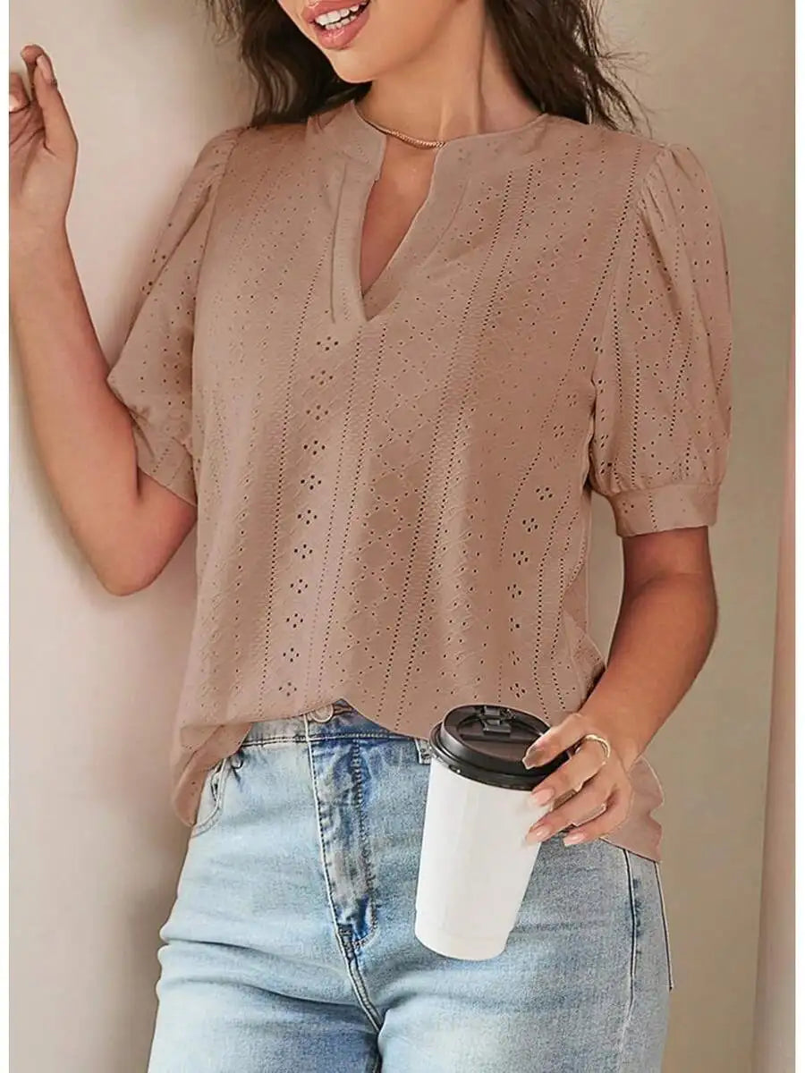 Womens Summer Casual V-Neck Short Sleeve Hollow Out Top