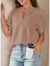Womens Summer Casual V-Neck Short Sleeve Hollow Out Top