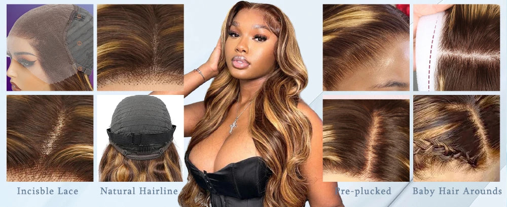 180% 200% Density Remy Human Hair Body Wave Wigs P4/27 Highlight Colored 13x4 13x6 HD Transpatent Lace Frontal Wig 18-46 Inch Pre Plucked Hair For Women