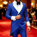 Men Grey Double Breasted Tailcoat Suit 2 Pieces White Peak Lapel Gold Buttons Slim Fit Jacket Pants Set Wedding Groom Tuxedo For Party Prom
