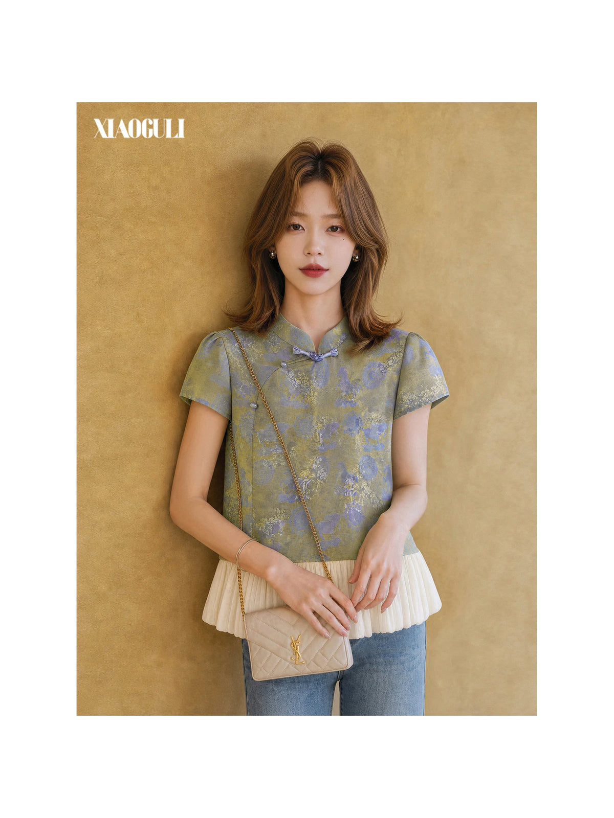 XIAOGULI Women New Chinese Style Chiffon Blouse Ruffled Hem Short Sleeve Shirt National Style Party Elegant Ladies Summer Tops