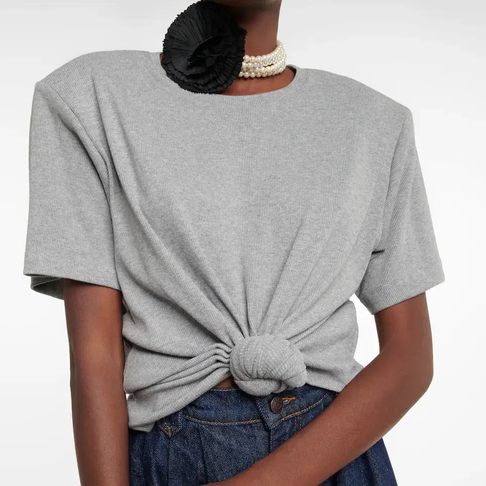 Y2k Knotted Twist Tee Women's T-Shirt Summer New Elastic Short Sleeved Solid Color Top Round Neck Pullover Pure Cotton Crop Top